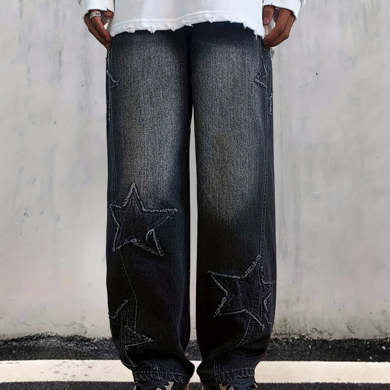 Star Pattern Baggy Jeans Men Casual Street Style Loose Fit Denim Pants