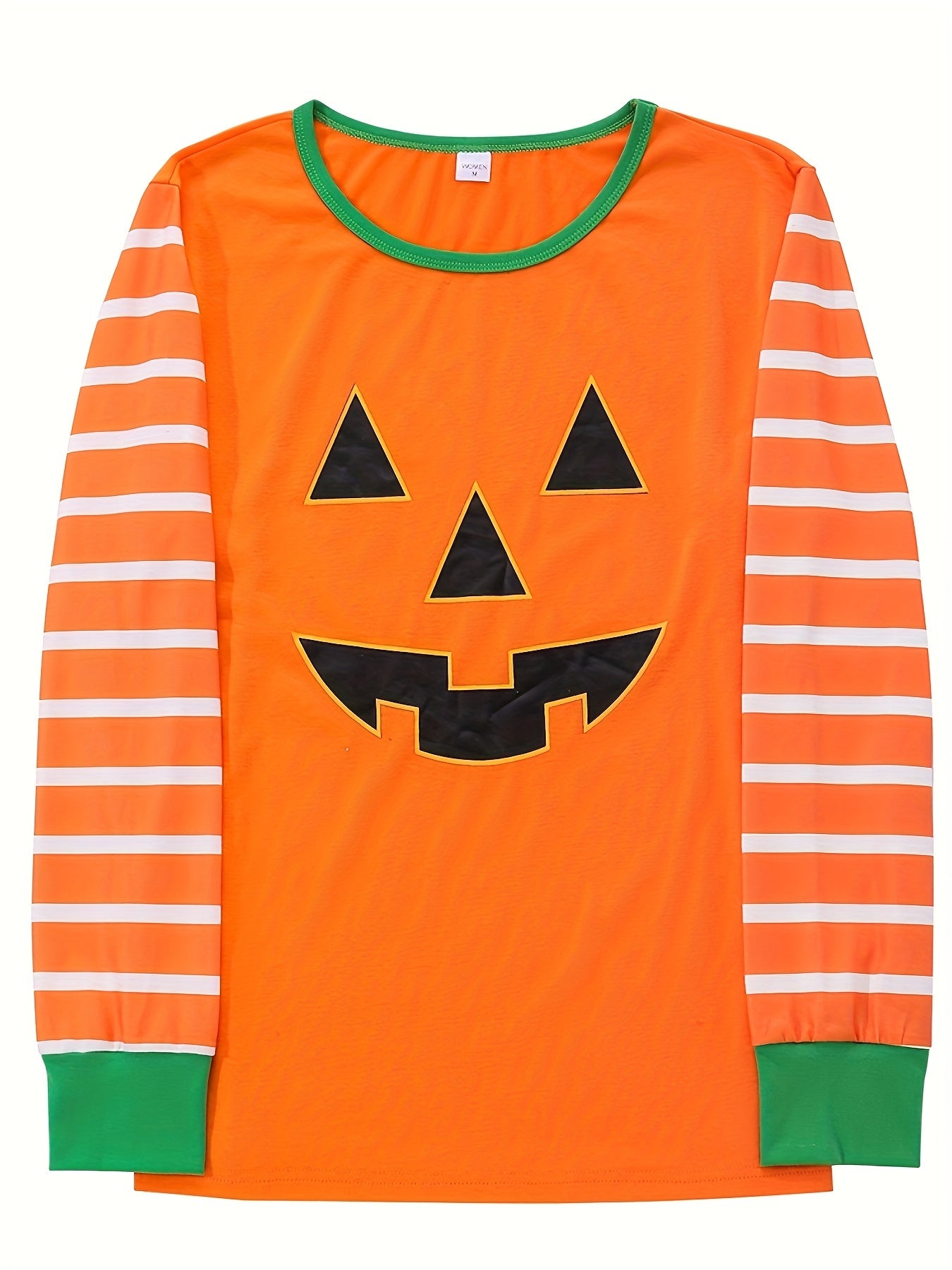Pumpkin Print Halloween Pajama Set Long Sleeve Crew Neck Top & Striped Pants
