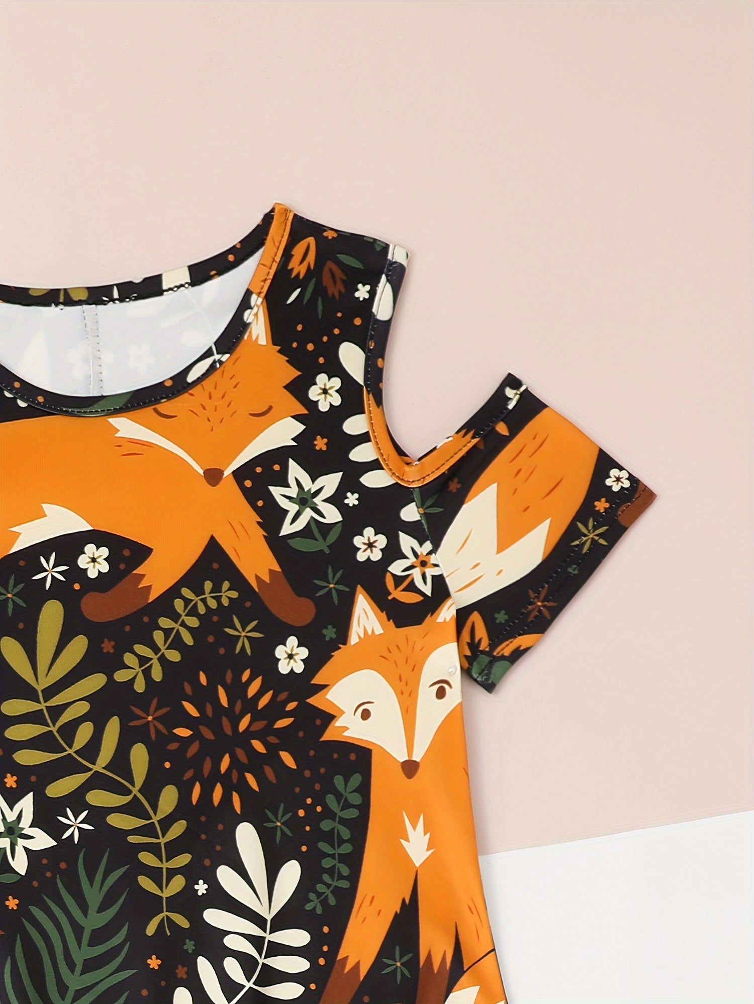 Sweet Girls Cartoon Fox Cold Shoulder Dress Summer Party Gift