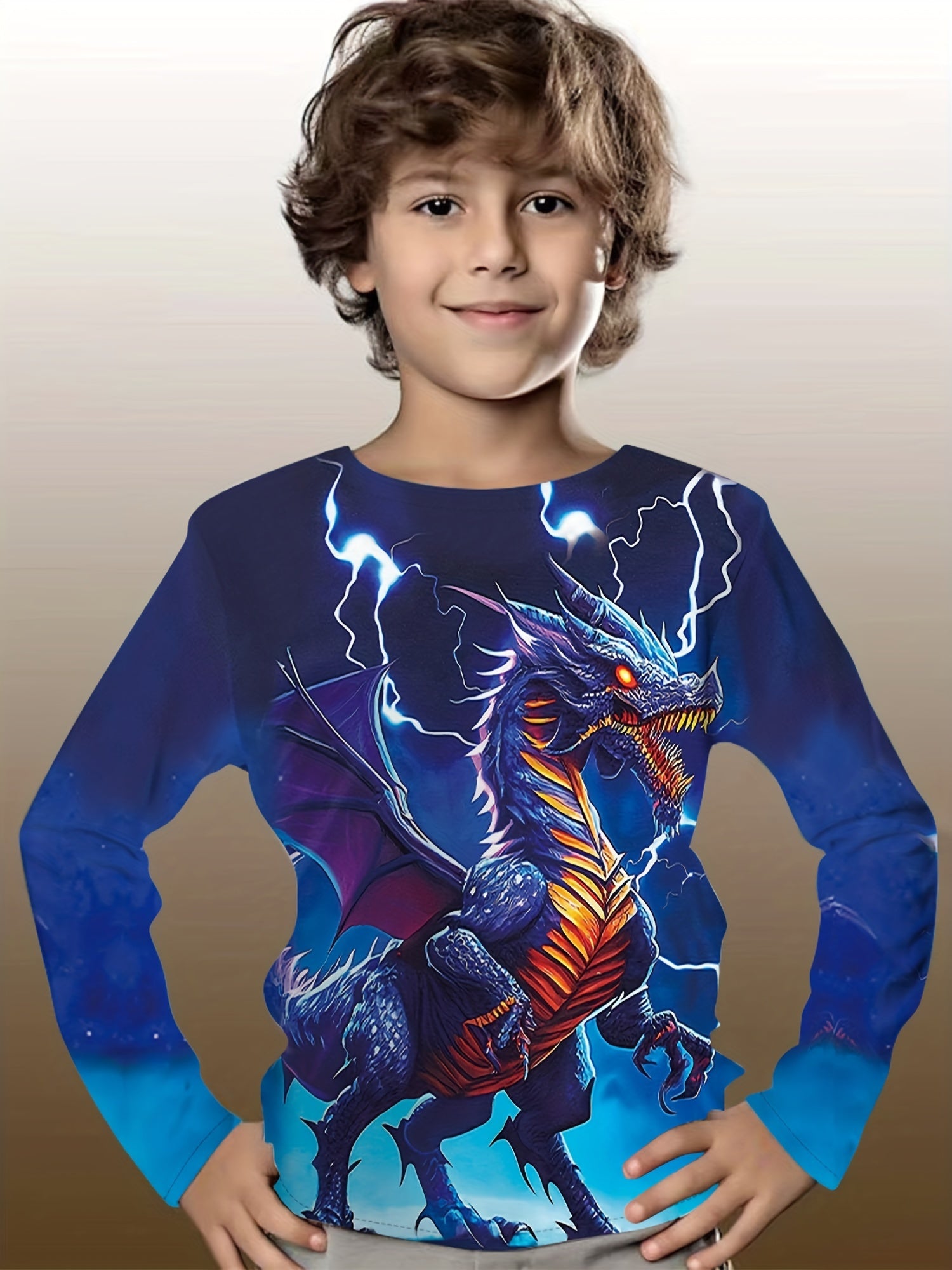 3D Dinosaur Print Kid's Pullover Long Sleeve Top for Boys