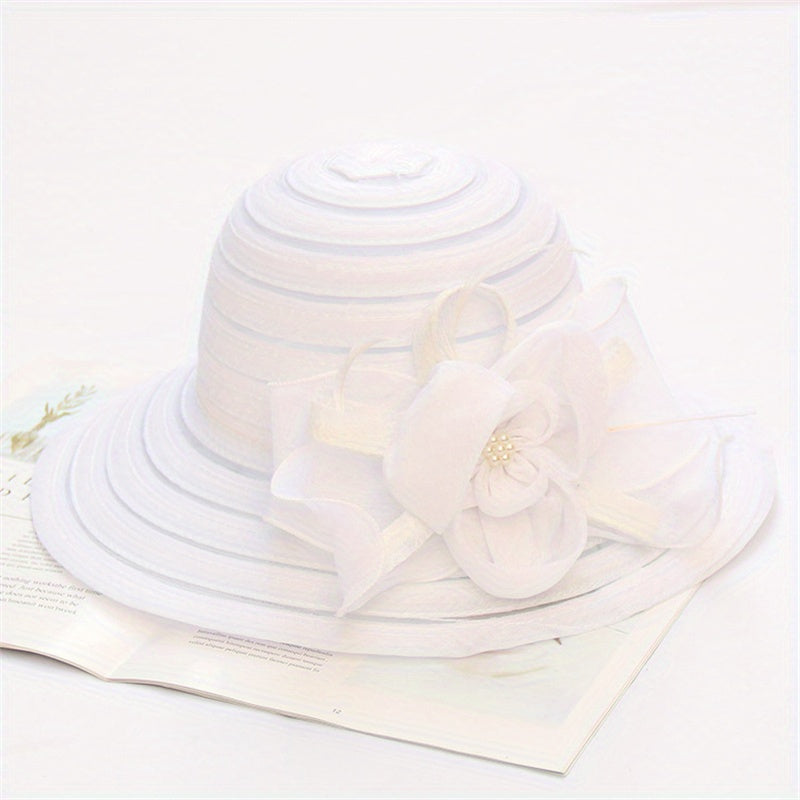 Striped Sun Hat Flower Decor Organza Church Derby Hats