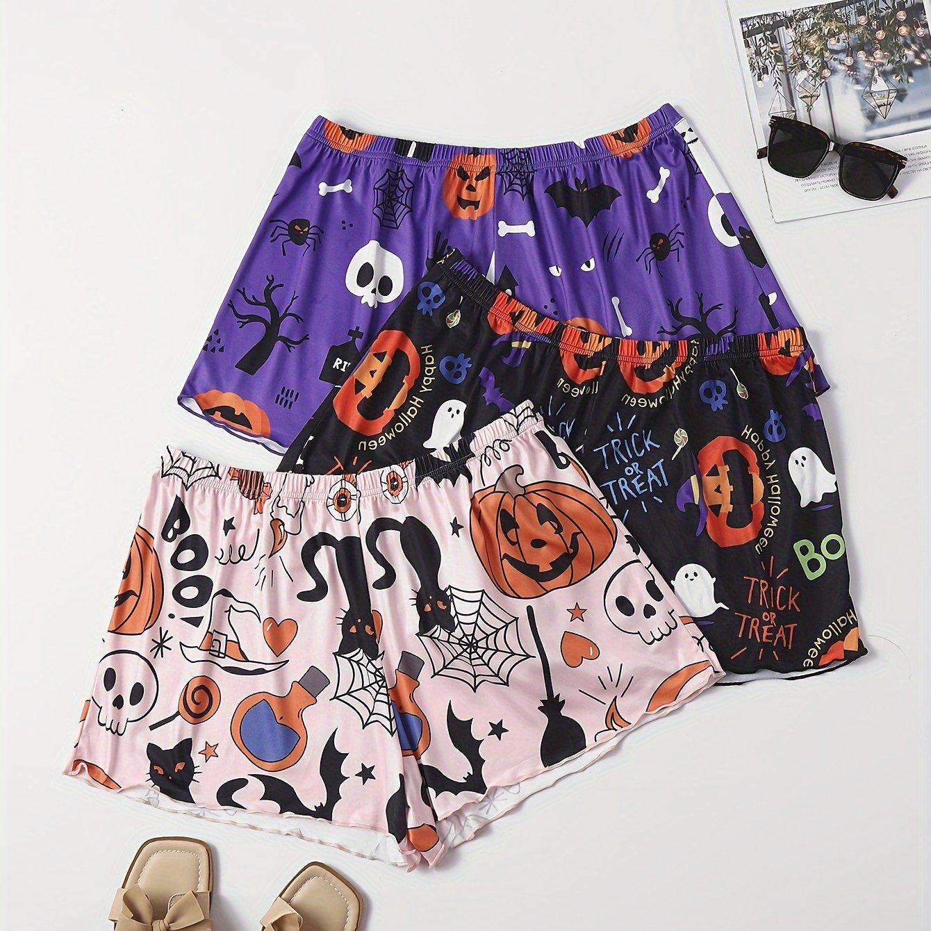 3 Pack Plus Size Y2K Halloween Pajama Bottoms Set: Pumpkin & Skull Print