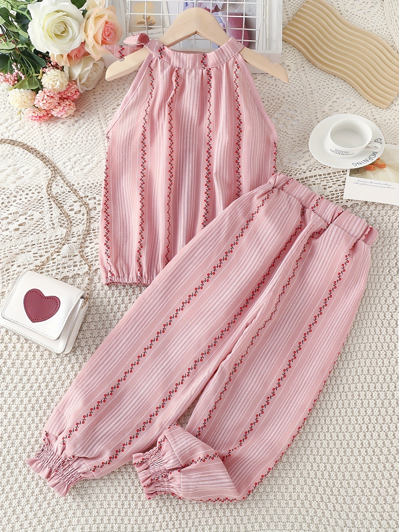 Girls' Floral Cotton Sleeveless Tank Top & Pants Set For Daily Outwear