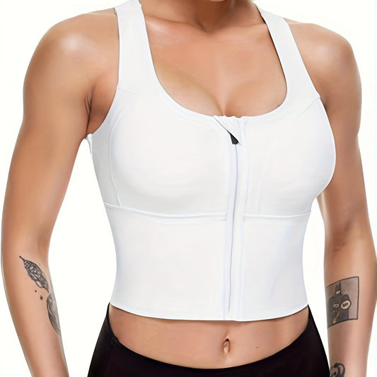 Zip Front Sports Bra Longline Fitness Crop Top Gym Yoga Workout Shirt