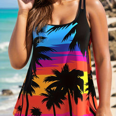 Boho Tankini Set Tropical Print Round Neck Cami Top & Shorts Swimsuit