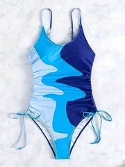 Colorblock Round Neck Lace-Up One Piece Swimsuit Plus Size