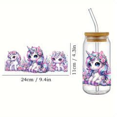 4 Watercolor Unicorn UV DTF Stickers 16oz Glass Cup Decals