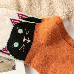 5 Pairs Cat Pattern Crew Socks Women's Stockings