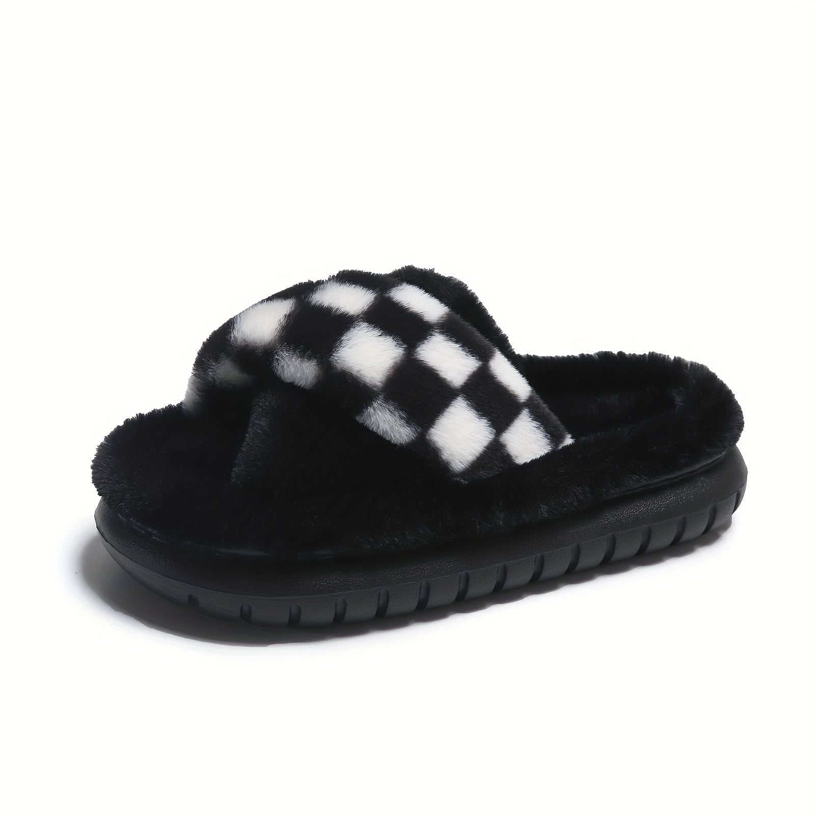 Women's Checkered Plush Slippers Crisscross Strap Fuzzy Platform Shoes