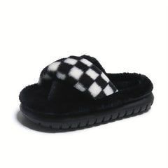 Women's Checkered Plush Slippers Crisscross Strap Fuzzy Platform Shoes