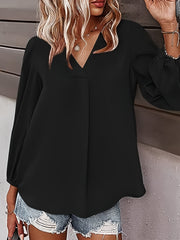 Casual Blouse: Solid Lantern Sleeve V Neck Top