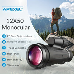 12x50 Waterproof ED Monocular Telescope - Zoom Capable, Lightweight Handheld