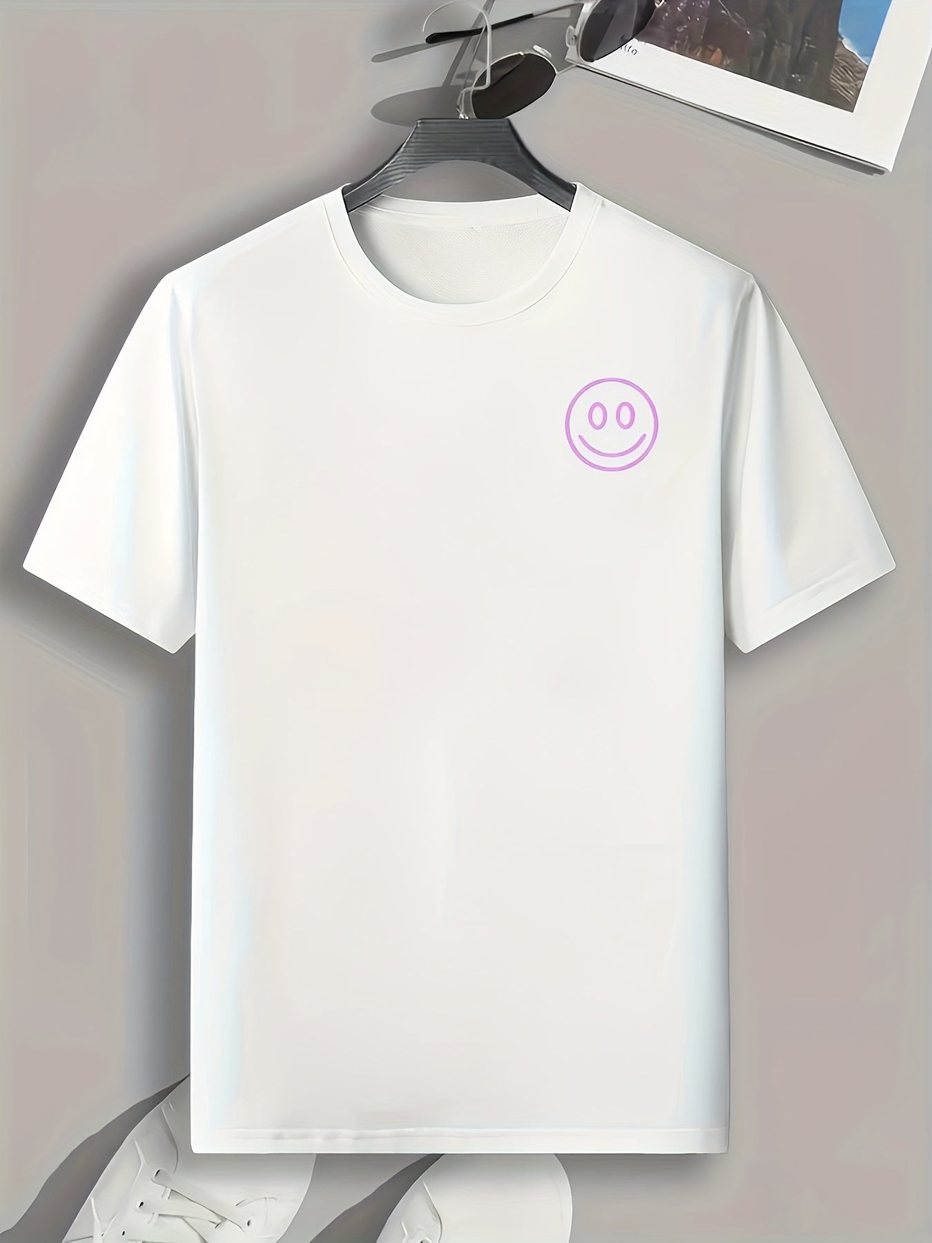 Happy Face Print Men's Comfy T Shirt for Outdoor Summer