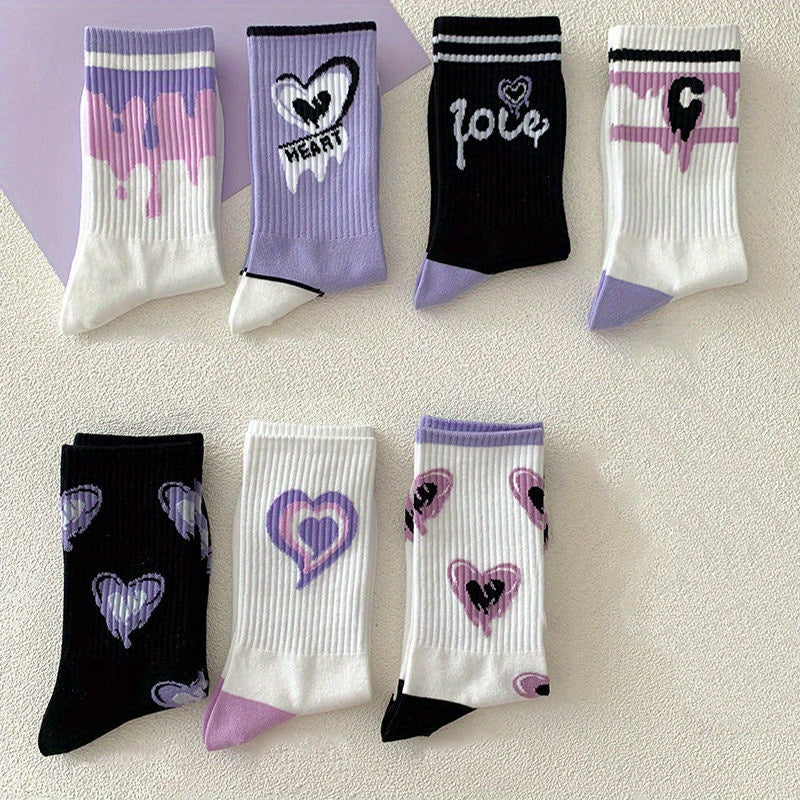 7 Pairs Heart Print Mid Tube Socks Women's Stockings & Hosiery