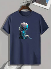 Astronaut Skull Print Men's T-shirt Stretch Breathable Tee For Summer