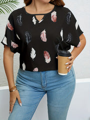 Feather Print Cut Out Short Sleeve T shirt - Women's Plus Size