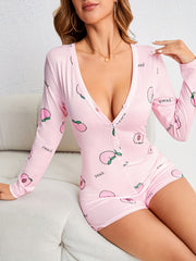Peach Print Pajama Romper Long Sleeve V Neck Buttons Pajamas