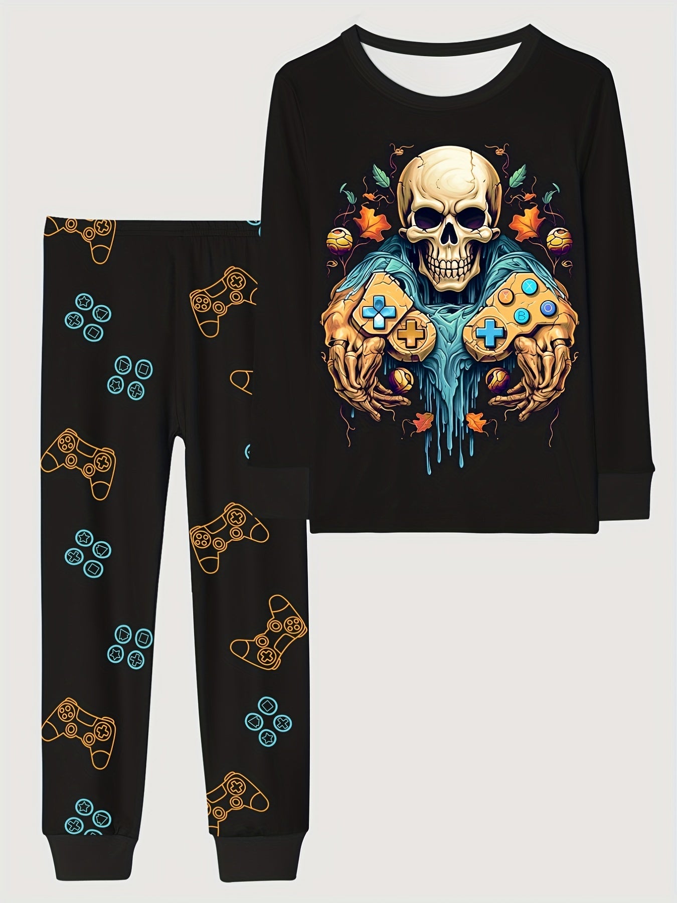 Skull Pattern Kids Pajama Set Halloween Style Comfy PJ Boy's Loungewear