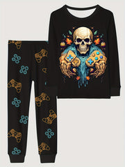 Skull Pattern Kids Pajama Set Halloween Style Comfy PJ Boy's Loungewear