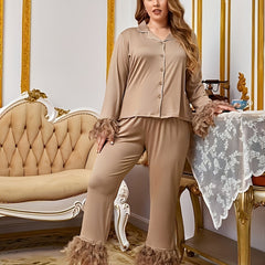 Women's Plus Fuzzy Trim Button Up Pajama Set