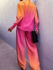 Gradient Two Piece Set Long Sleeve Polo Collar Shirt & Wide Leg Pants