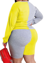 Colorblock Long Sleeve Tee & Skinny Shorts Set Plus Size