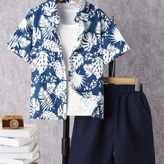 2pcs Boys Tropical Leaf Print Shirt&Shorts Set Summer Kids Clothing
