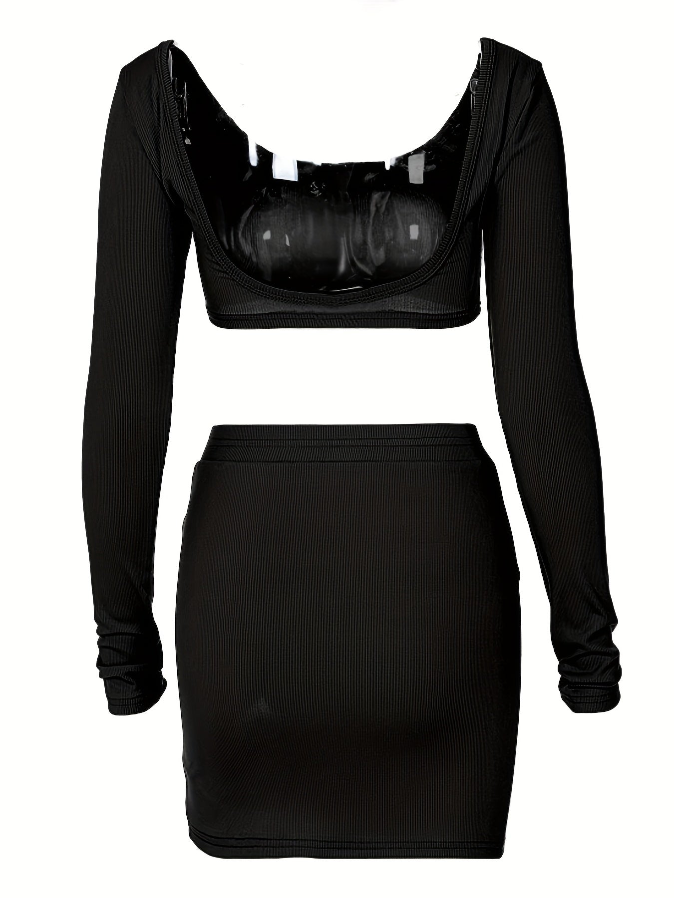 Solid Sexy Two piece Set Long Sleeve Cropped Tops & Split Bag Hip Skirts Outfit