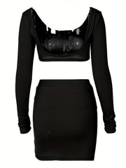 Solid Sexy Two piece Set Long Sleeve Cropped Tops & Split Bag Hip Skirts Outfit