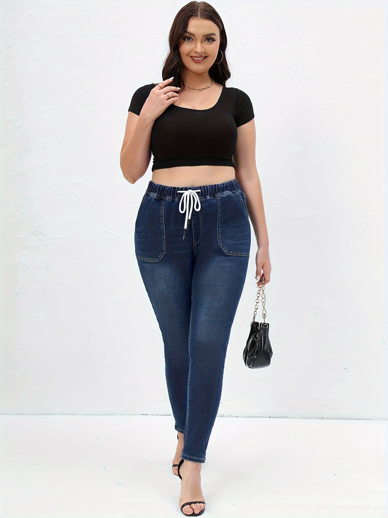 Washed Elastic Drawstring High Stretch Jeans