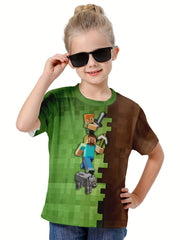 Kids Cartoon Game Graphic Short Sleeve T-shirt, Breathable & Sporty, Ages 4-14