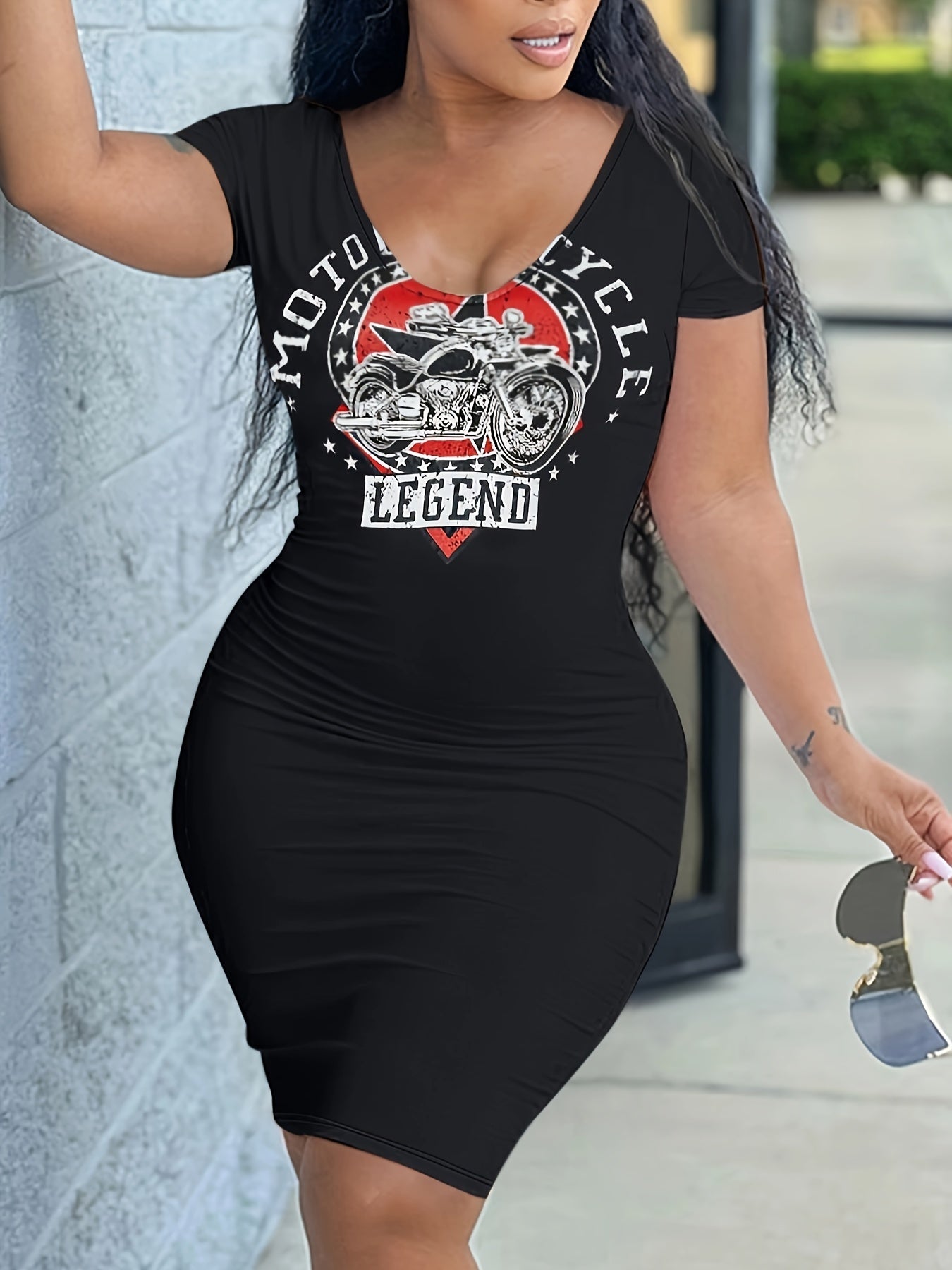 Women's Plus Graphic Print V Neck Slim Fit Dress