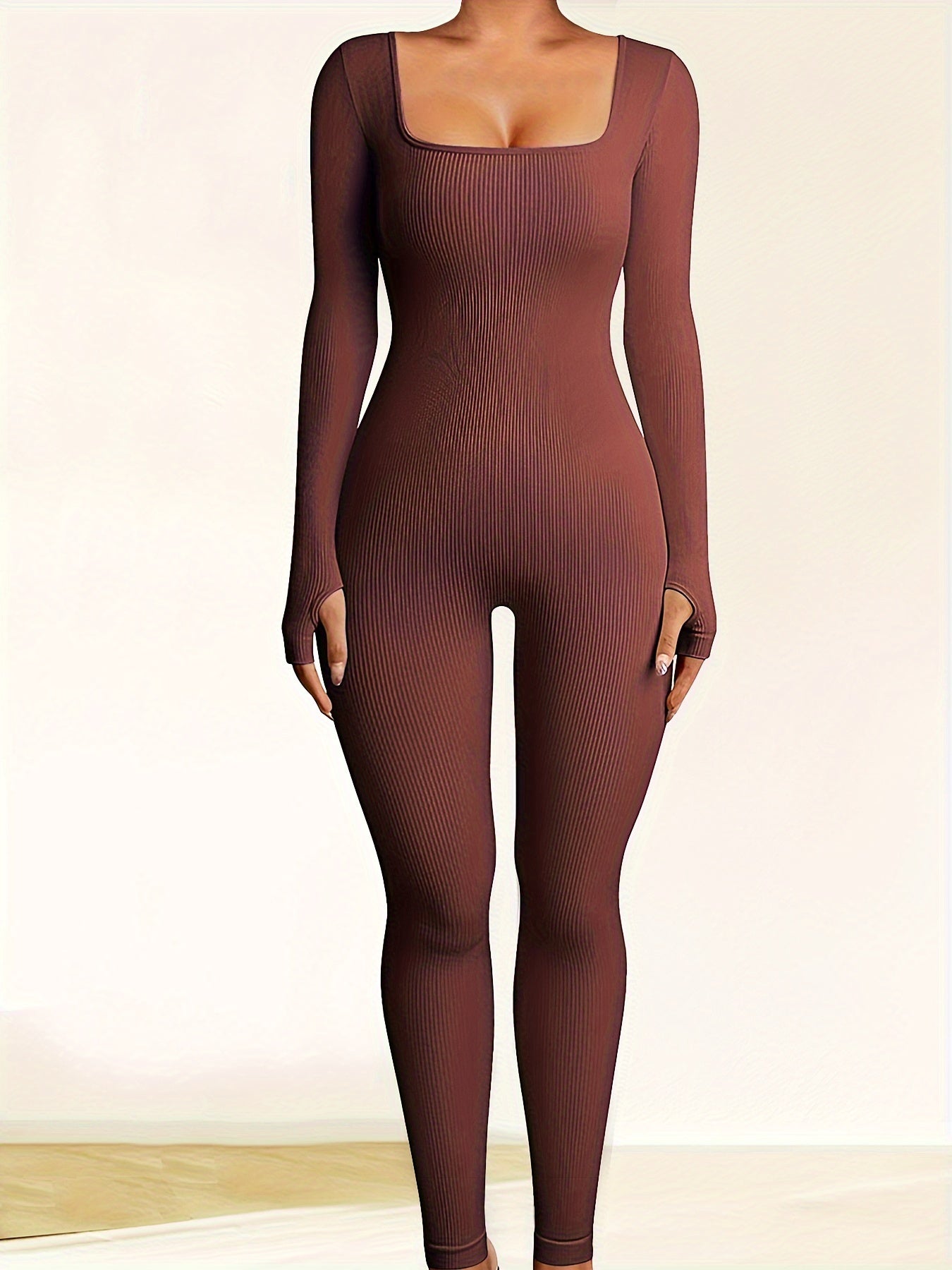 Solid Long Sleeve Sports Jumpsuit with Thumb Hole