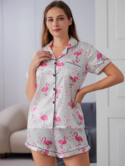 Flamingo Print Pajamas Set Short Sleeve Top & Shorts