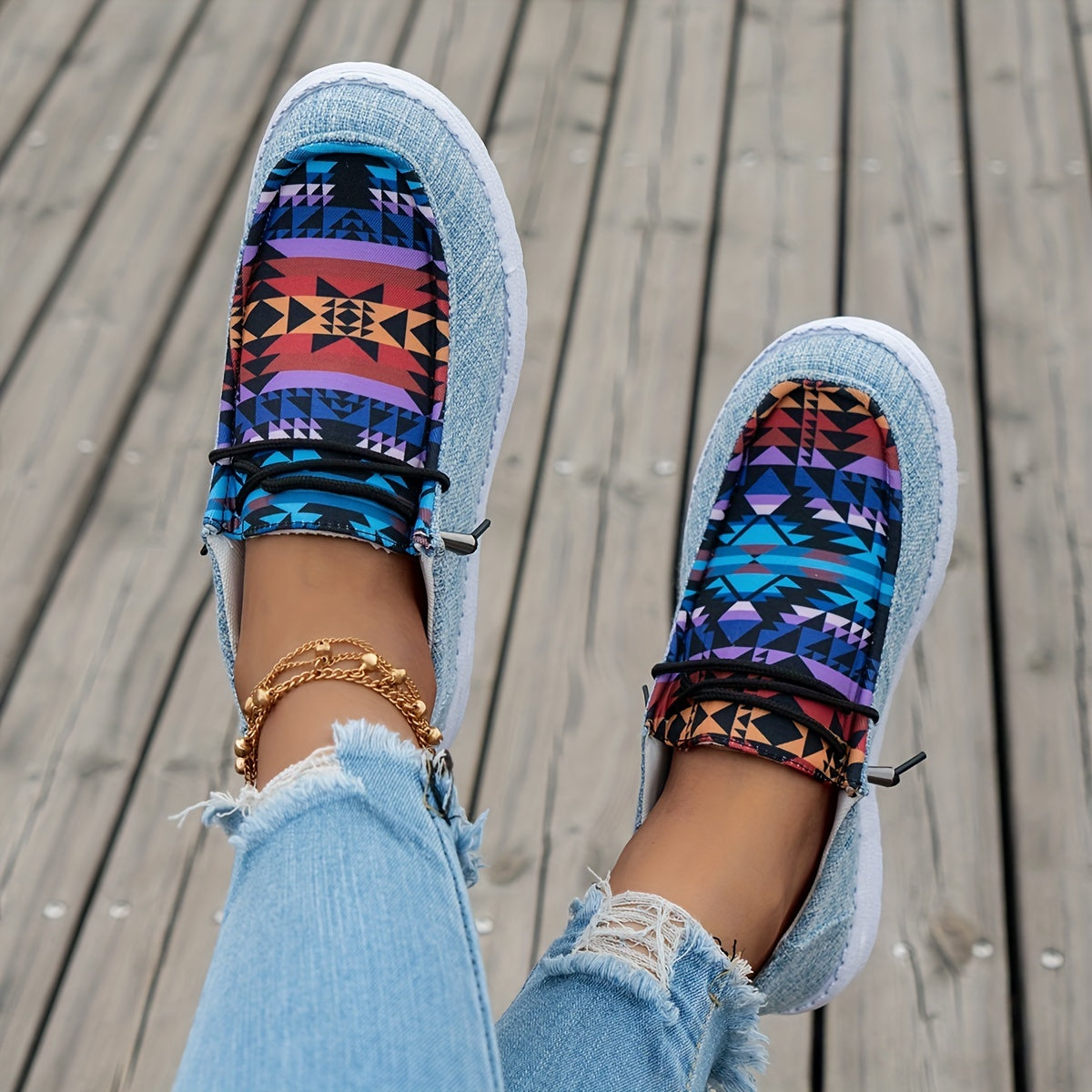 Women's Geometric Pattern Canvas Shoes Casual Lace Up Outdoor Sneakers
