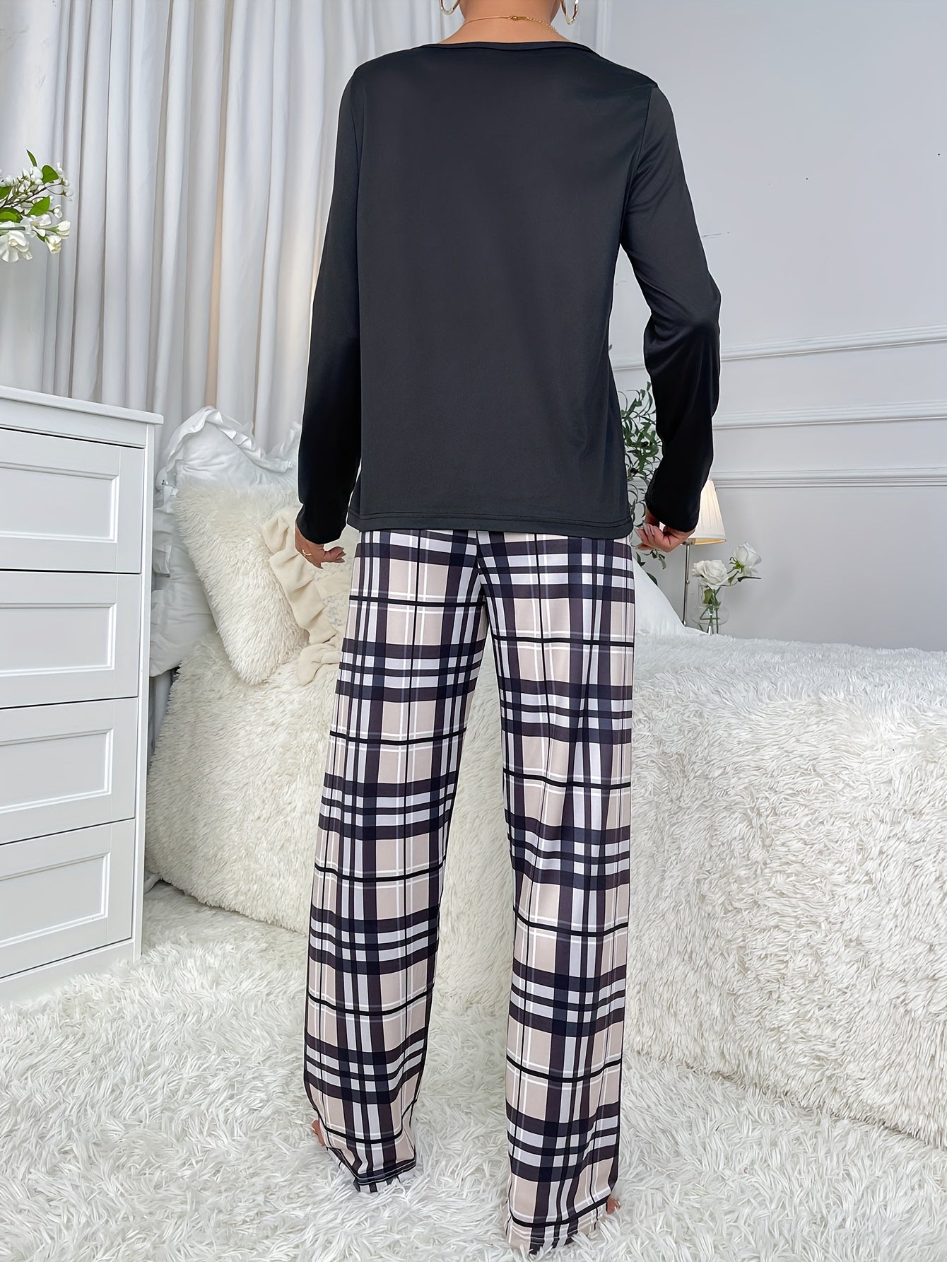 Plaid Print Pajama Set Long Sleeve Top & Pants Women's Sleepwear