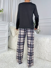 Plaid Print Pajama Set Long Sleeve Top & Pants Women's Sleepwear