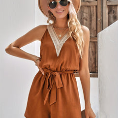Guipure Lace Tie Waist Romper Sleeveless V neck Jumpsuit