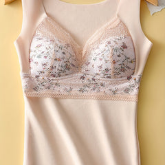 Lace Thermal Tank Top V Neck Padded Floral Print Lingerie