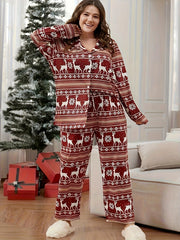 Christmas Lounge Set: Elk & Snowflake Striped Print Blouse & Pants Paj