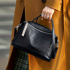 Vintage Leather Handbag Crocodile Pattern Zipper Closure Stylish Shoulder Bag