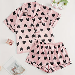 Heart Print Satin Pajama Set