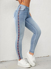 Geometric Pattern Embroidery Skinny Jeans Slash Pocket Boho Denim Pants