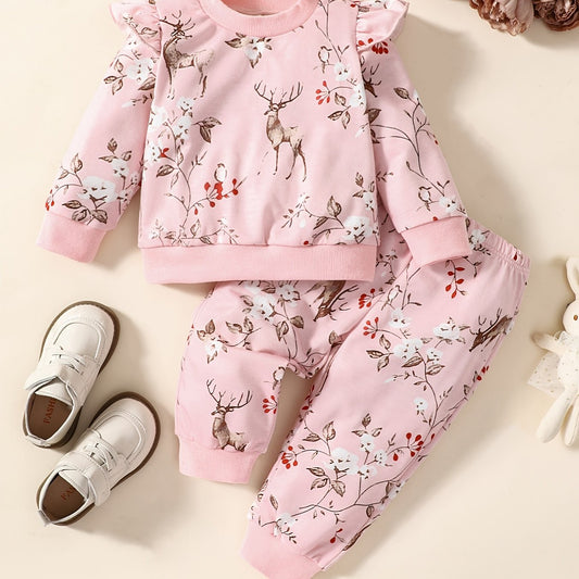 2pcs Baby Girls Deer And Flowers Print Sweatshirt & Pants Set