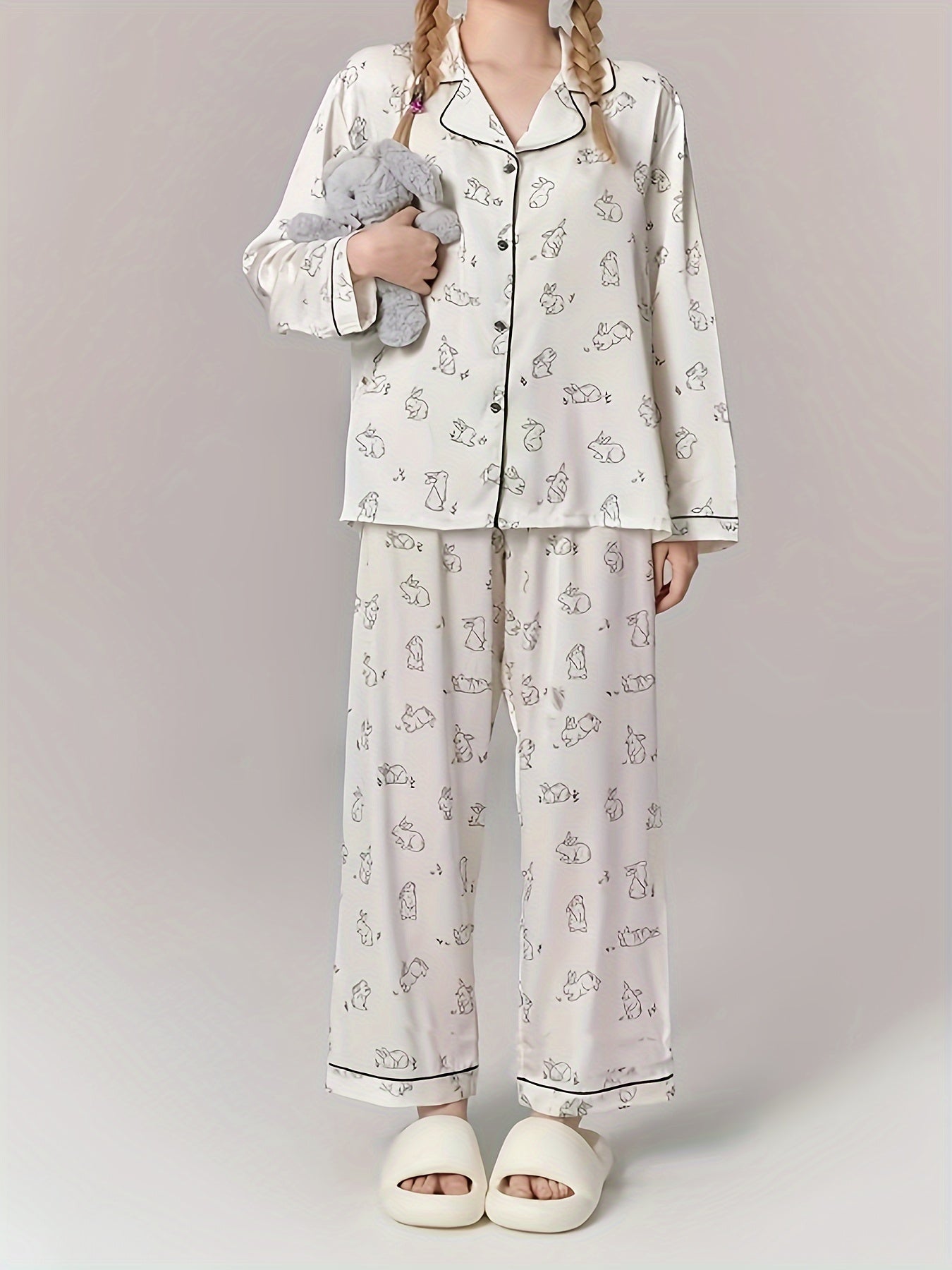 Rabbit Print Pajama Set Long Sleeve Top & Pants Women's Sleepwear