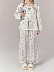 Rabbit Print Pajama Set Long Sleeve Top & Pants Women's Sleepwear