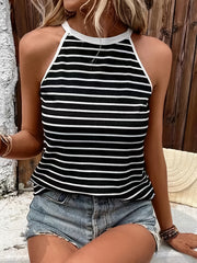 Stripe Print Halter Neck Top Sleeveless Summer Casual