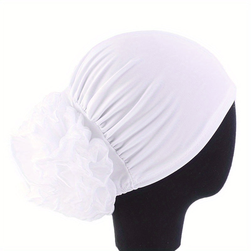 Navy Elastic Turban Hat 3D Flower Pleated Chemo Cap Head Wrap Bonnet