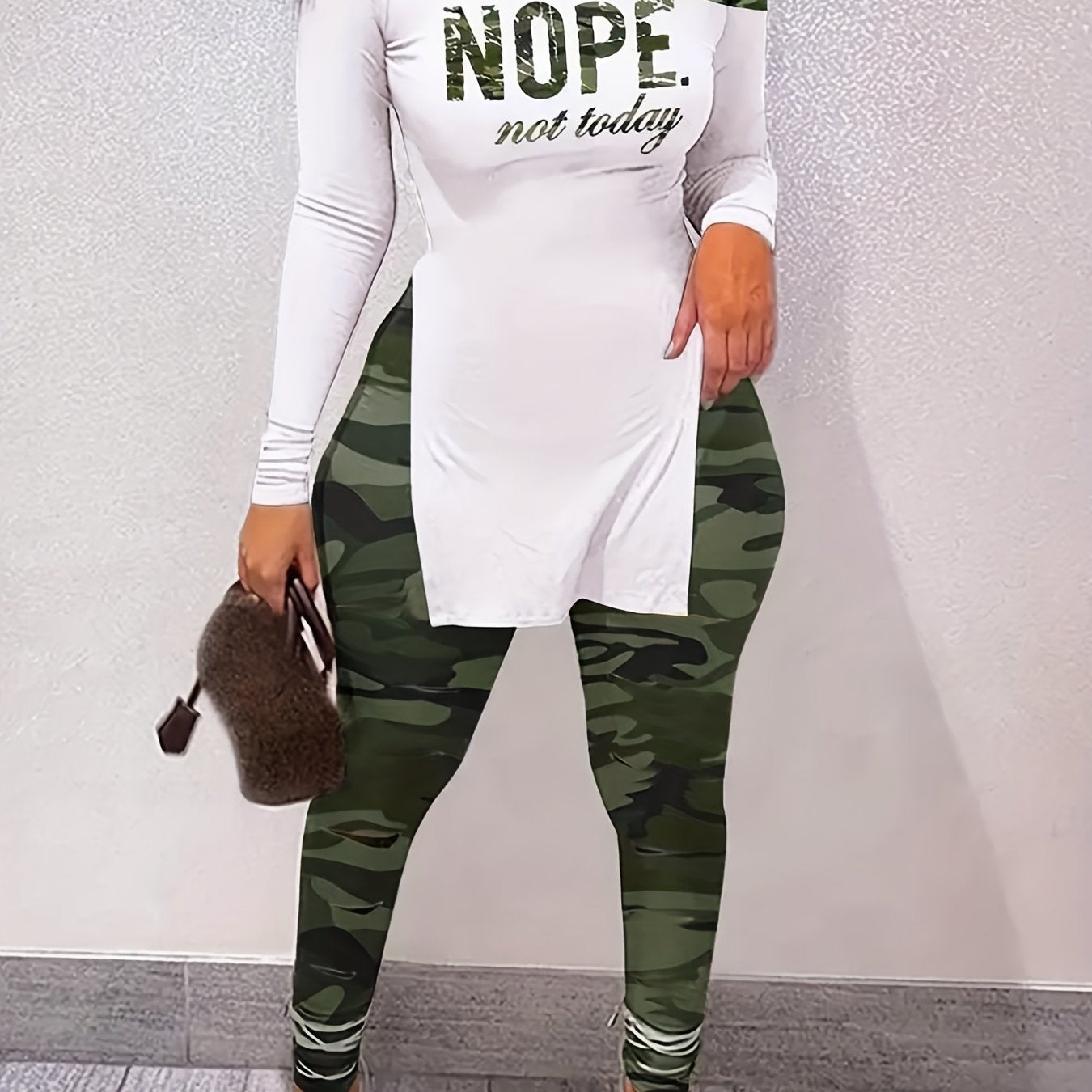Letter Print Slanted Shoulder Split Tops & Camo Print Long Pants Set
