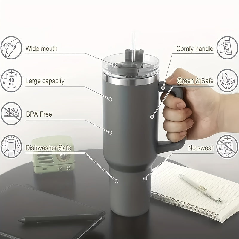40oz Stainless Steel Insulated Water Bottle with Handle - Leakproof Straw Cup